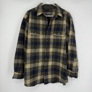 Woolrich Mens Plaid Shirt Jacket Button Front Green Shacket Wool Nylon Cabin L
